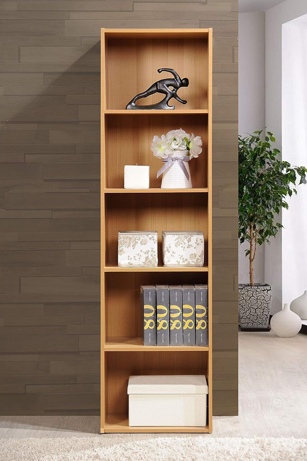 Hodedah 12 x 16 x 60 Inch 5 Shelf Bookcase and Office Organizer Solution for Living Room, Bedroom, Office, or Nursery, Beech Wood Finish