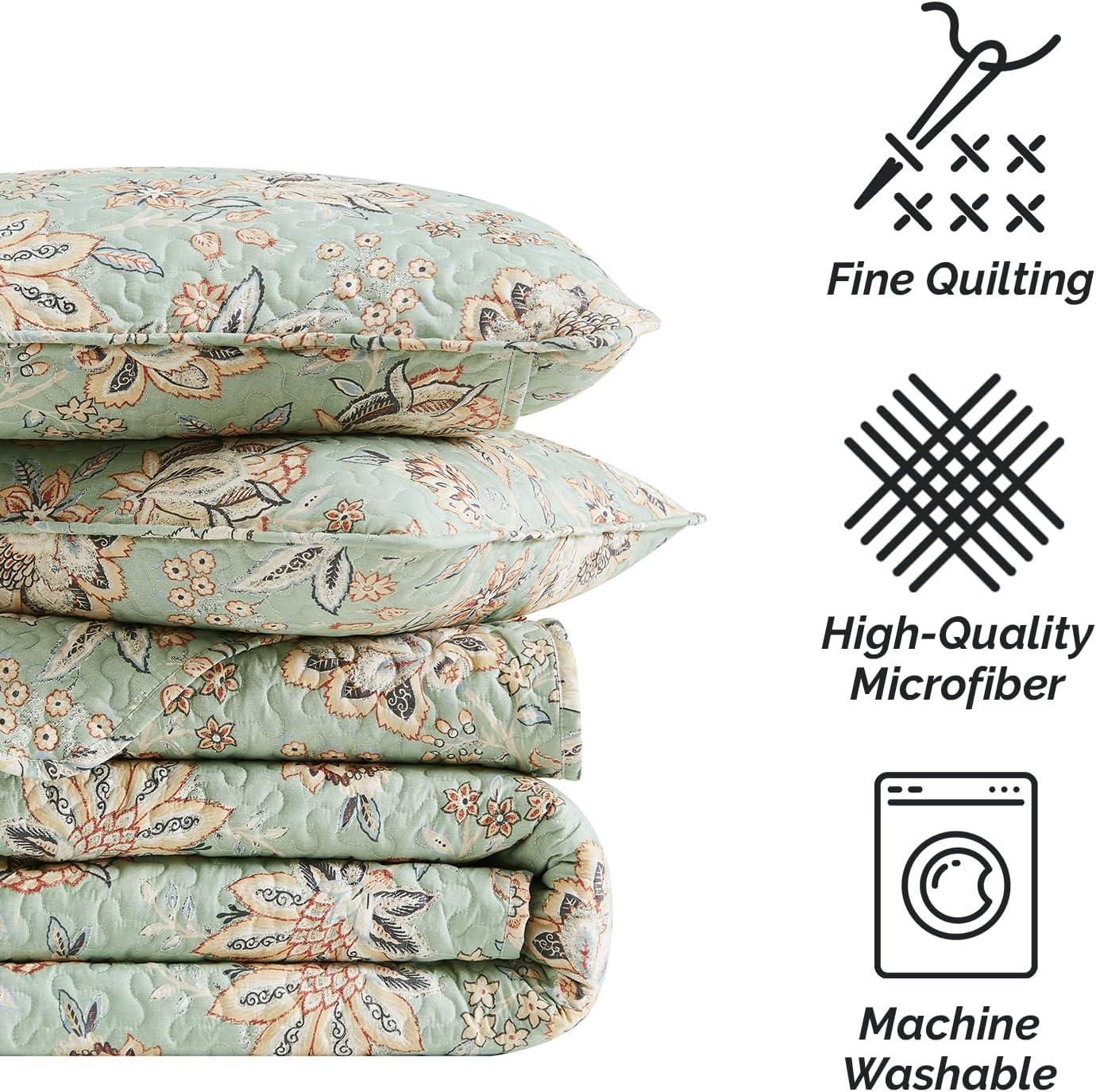 SouthShore Fine Linens Jacobean Willow 3-Piece Green Floral Quilt Bedding Sets, Queen