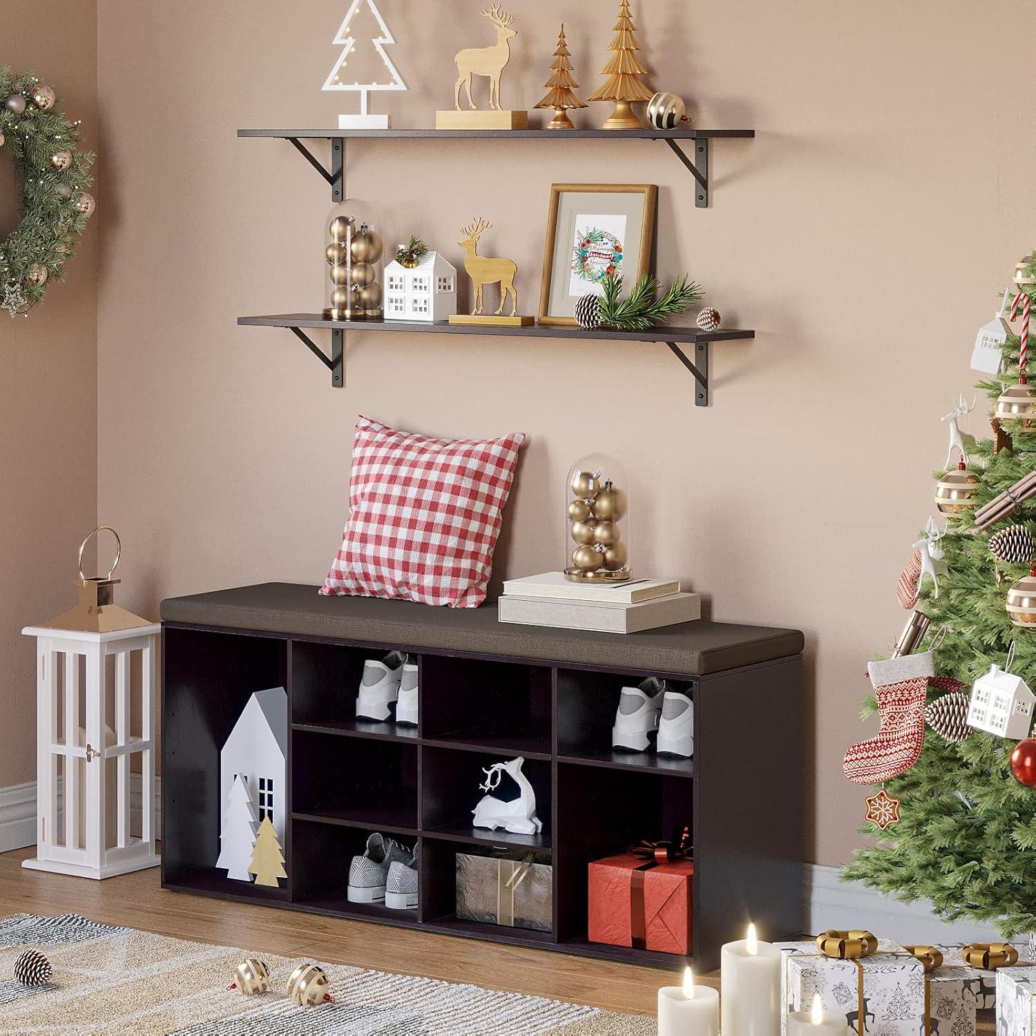 Espresso Shoe Storage Bench with Cushion and Adjustable Shelves