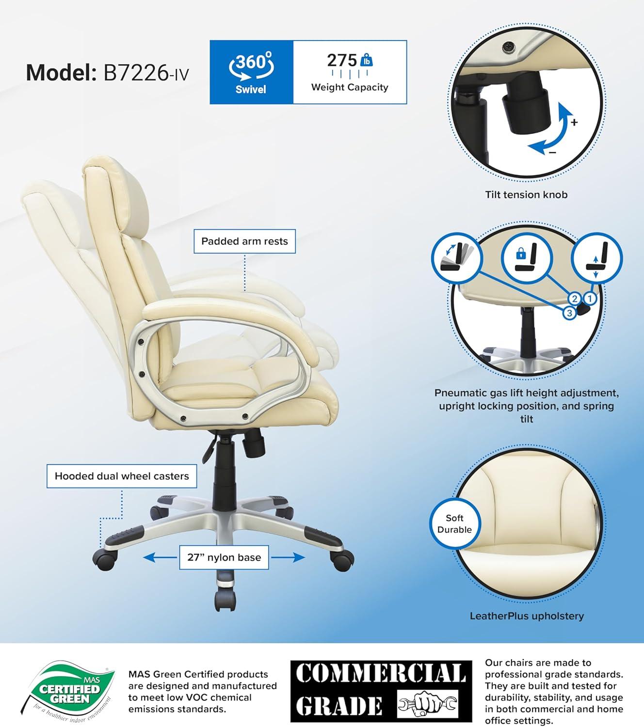 Modern Mid Back Executive Chair Ivory - Boss Office Products: Pneumatic, Swivel, Ergonomic Design