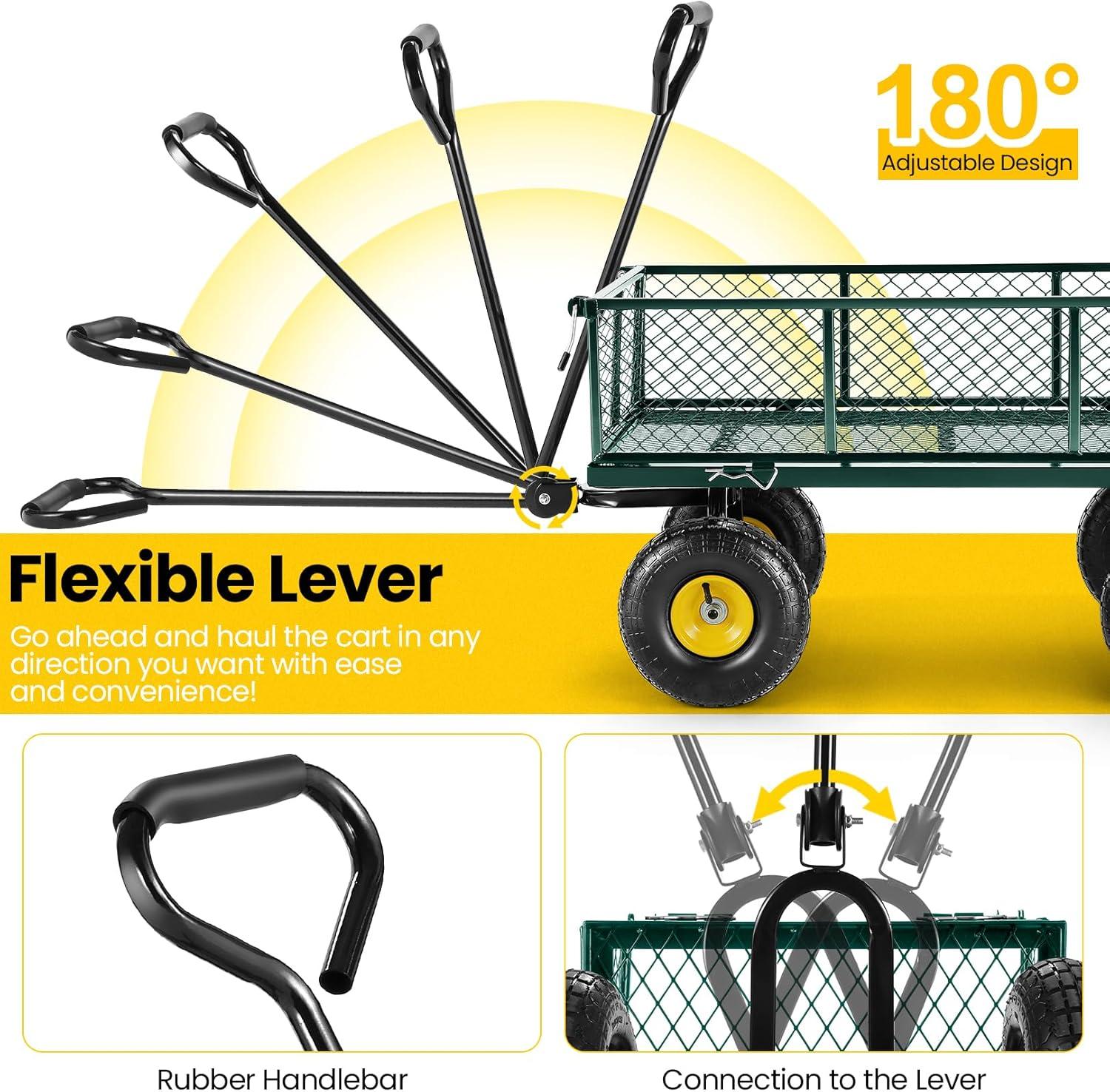 Steel Garden Cart 680 lbs Capacity Heavy Duty Garden Wagons,with Removable Steel Mesh Sides to Convert into Flatbed,Utility Metal Wagon w/ 180°Rotating Handle and 2 Tags Recyclable