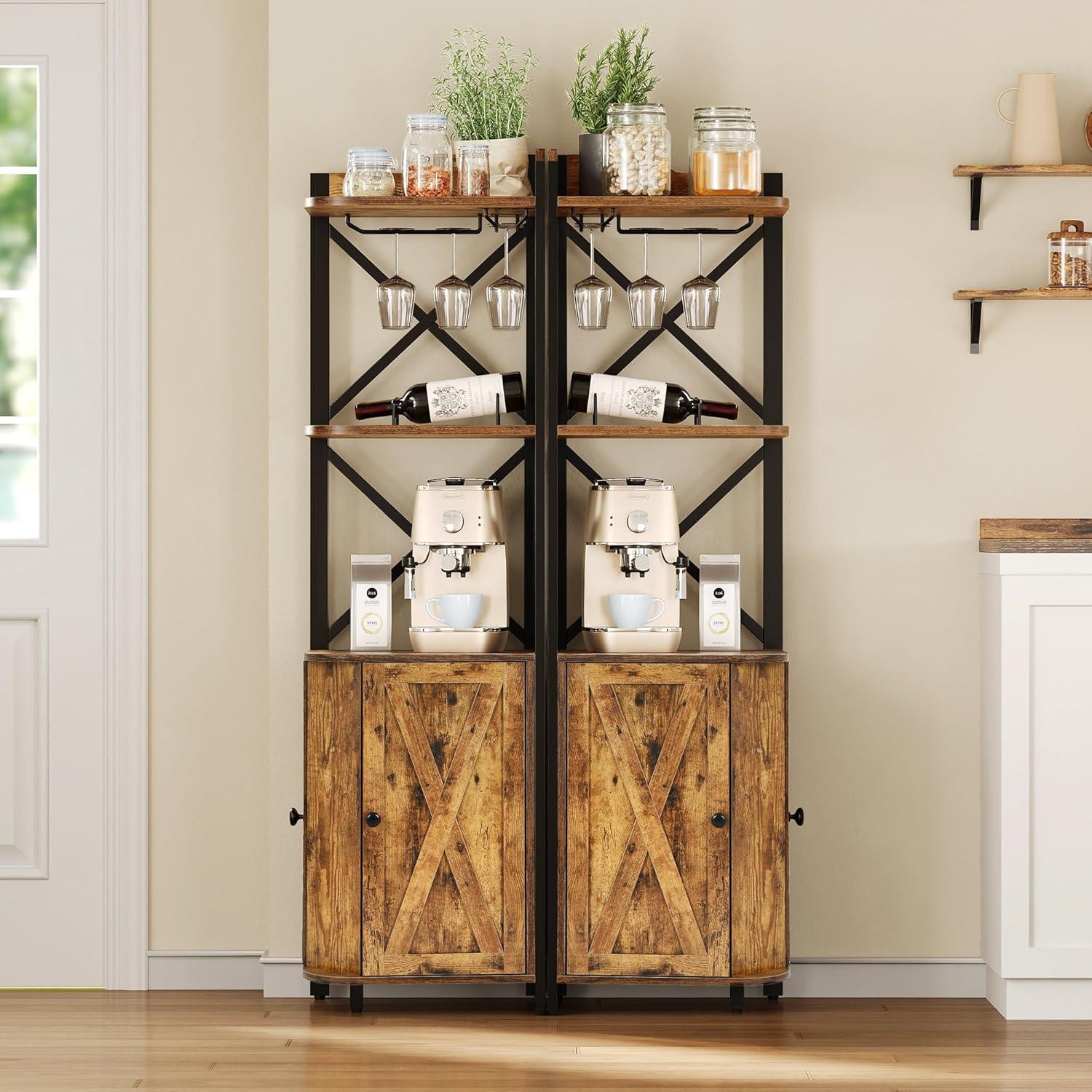 Dextrus Corner Bar Cabinet with Glass & Wine Holder,  Industrial 5 Tier Corner Cabinet with Doors, Corner Shelf for Home/Living Room/Kitchen, Rustic Brown