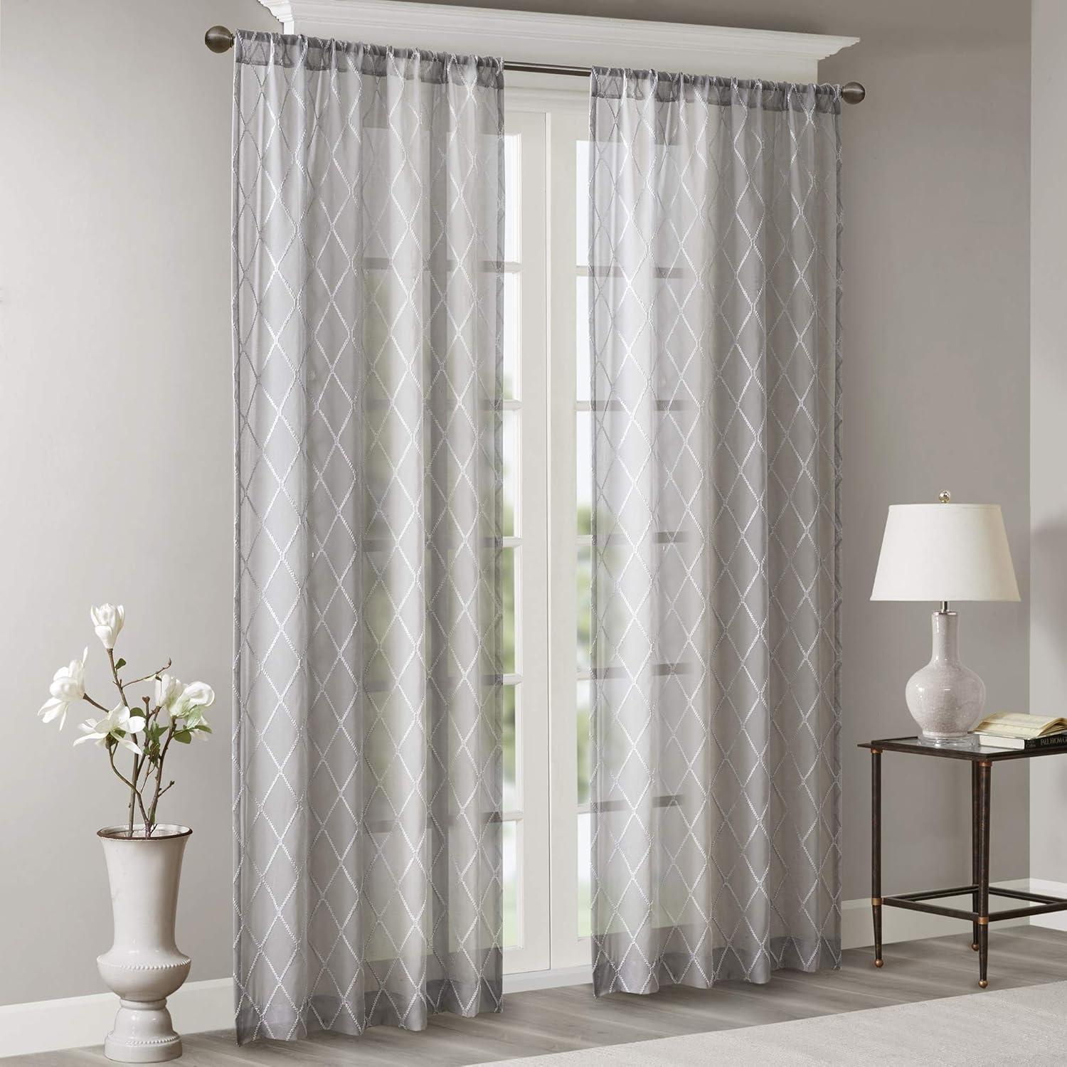 Gray Sheer Embroidered Rod Pocket Window Curtain Panel