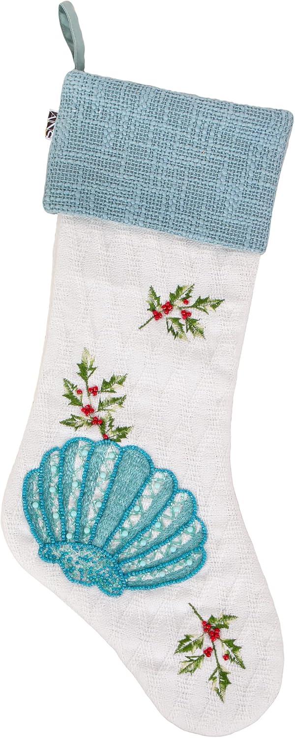 20" White and Blue Coastal Embroidered Shell Stocking