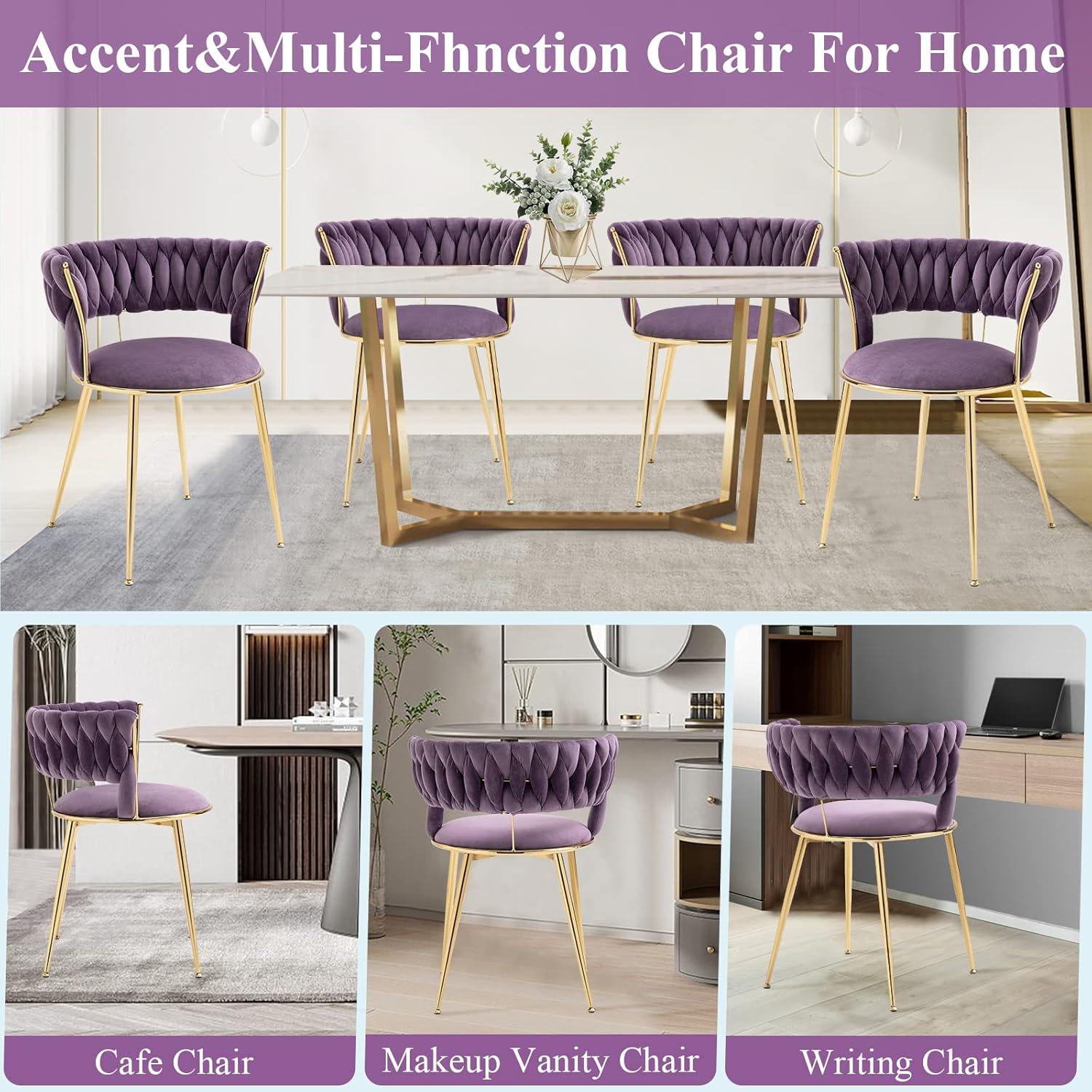 Dining Chair Set of 2, Velvet Woven Upholstered Dining Chair with Gold Metal Legs, Dining Chairs Kitchen Chairs for Dining Room, Kitchen, Vanity, Living Room, Purple