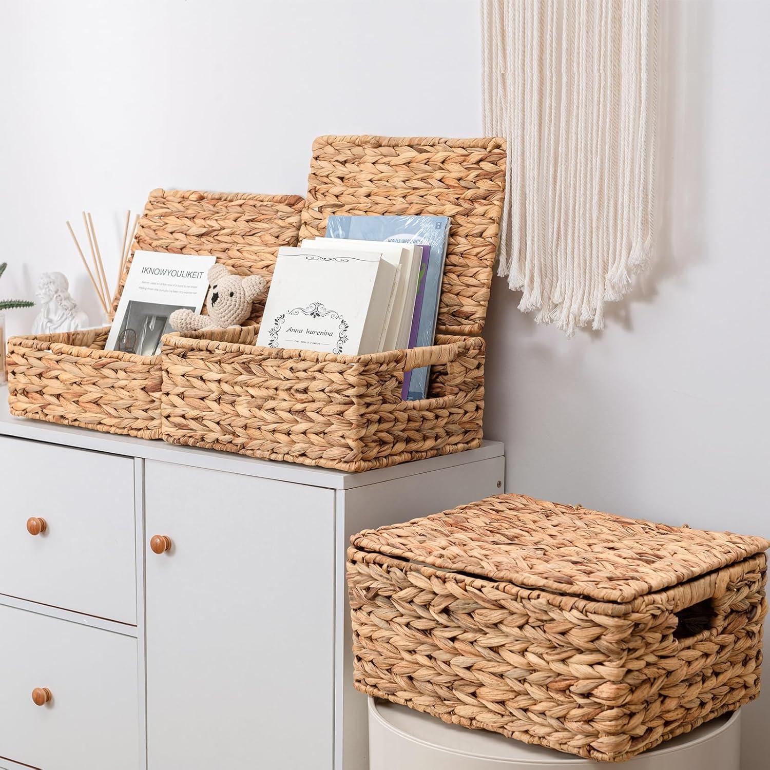 Gracie Oaks Wicker Storage Basket With Lid, Natural Decorative Wicker Basket For Shelf, Woven Baskets With Lids, 14In Lidded Basket, Rattan Storage Basket With Lid, Rattan Box Set Of 3 For Organizing