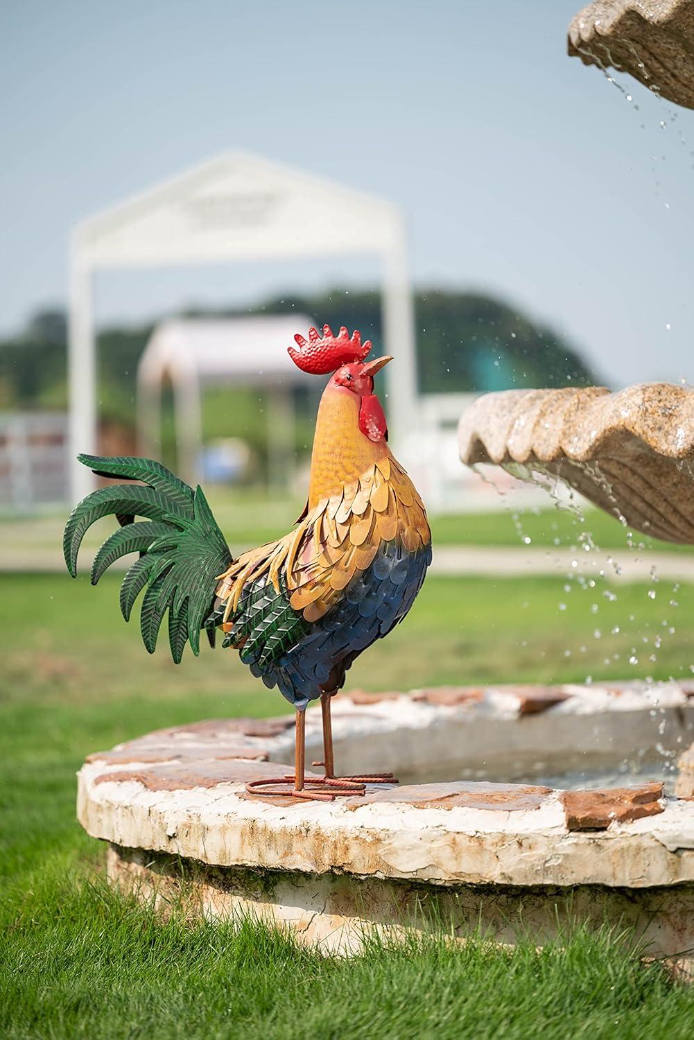 Large Multicolor Metal Rooster Freestanding Outdoor Decor