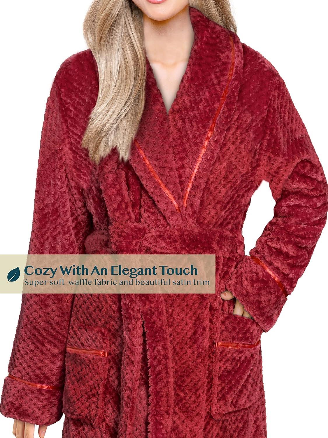 PAVILIA Women Plush Fleece Robe, Soft Textured Bathrobe, Lady Cozy Spa Long Robes, Fuzzy Satin Waffle Trim