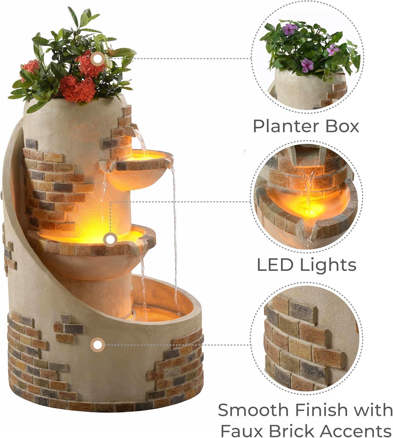 Teamson Home 29.92" 3-Tier Cascading Outdoor LED Lit  Polyresin Planter Waterfall Fountain