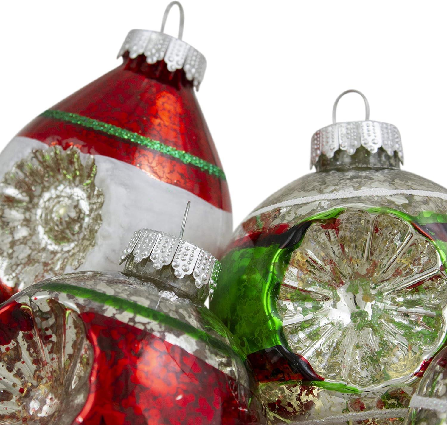 Northlight Retro Reflector 2-Finish Christmas Glass Ornaments - 3.25" - Green and Red - 9ct