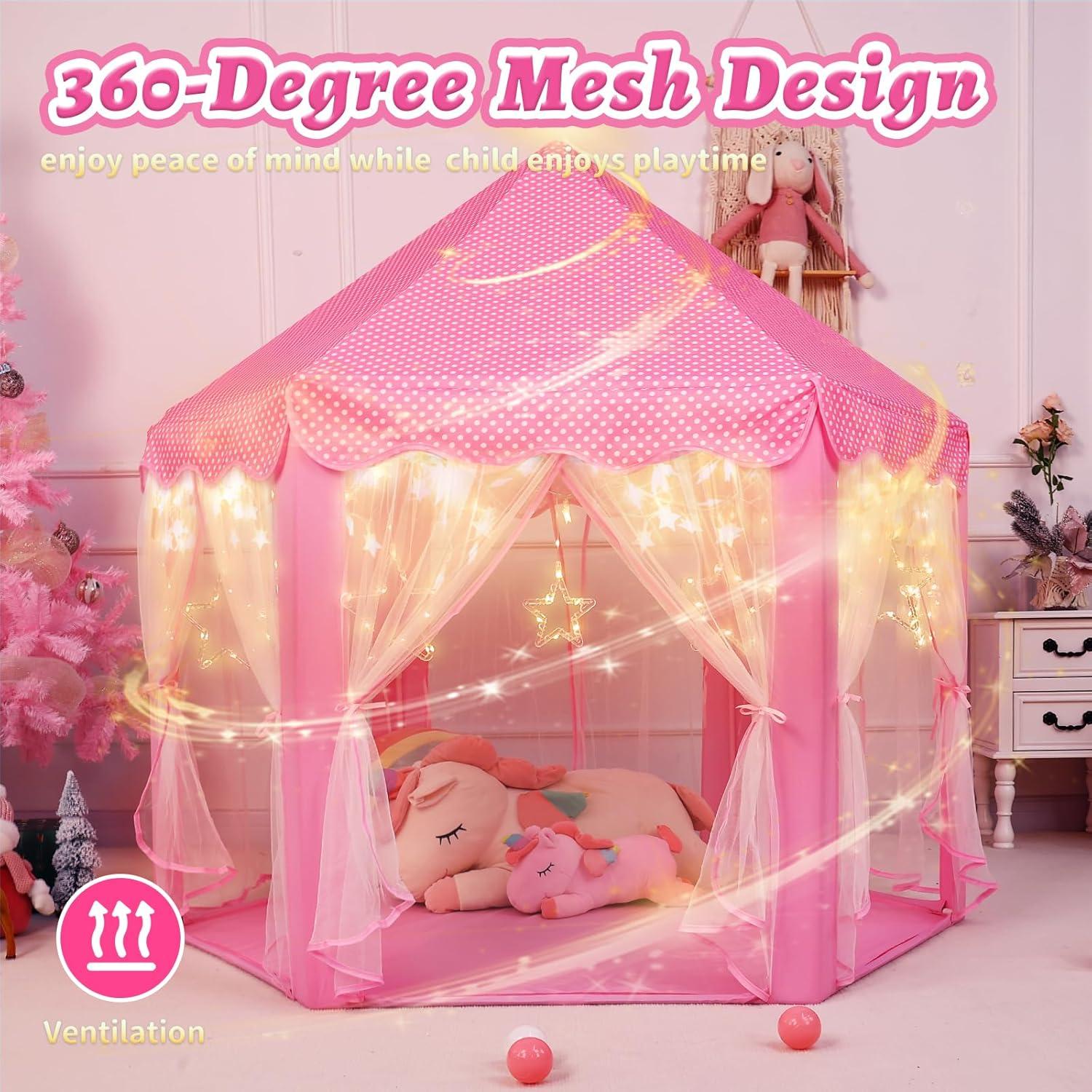 Princess Playhouse Play Tent with LED Lights, Large Collapsible Indoor / Outdoor Kids Teepee with Carrying Bag