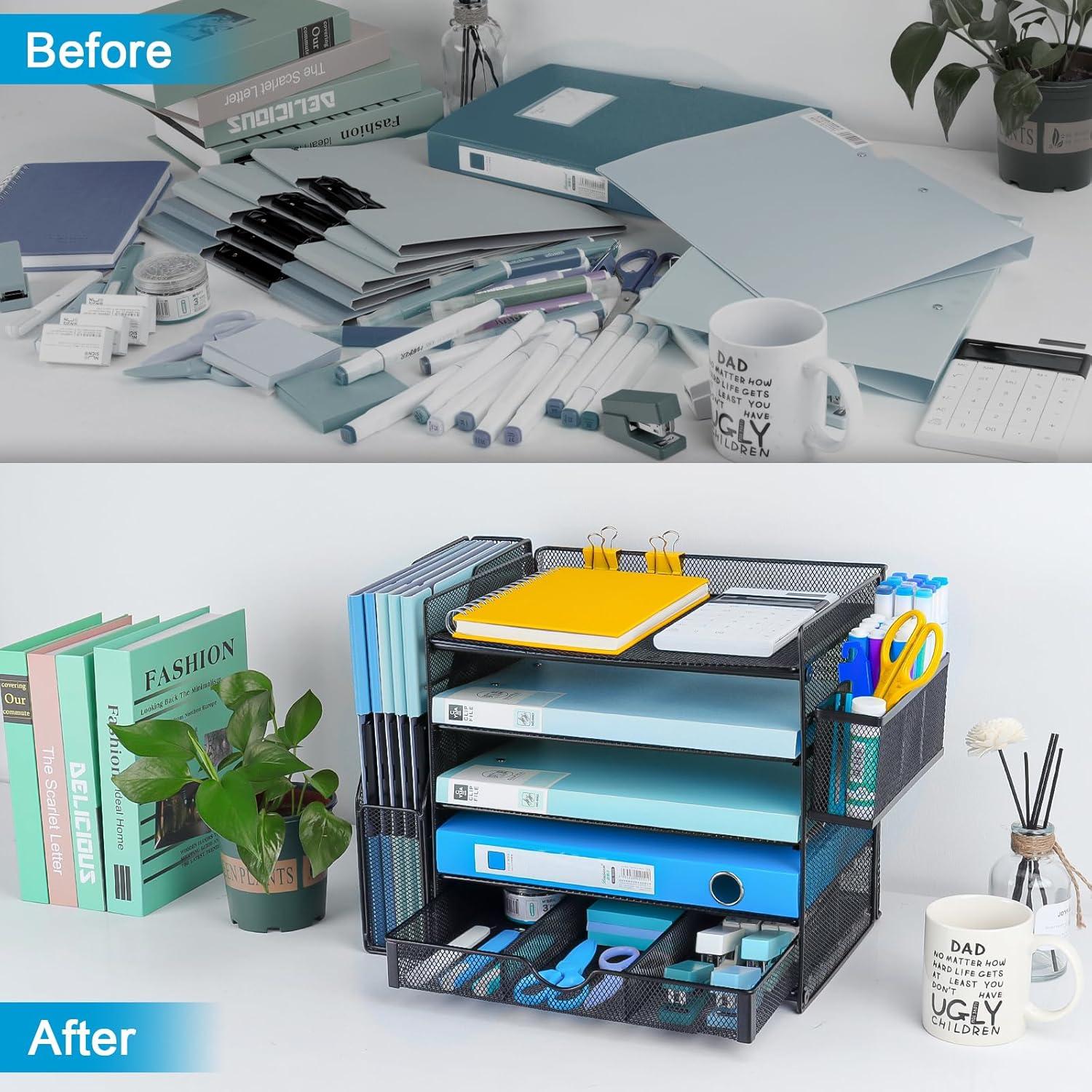 Desk Organizers with File Holder, 5-Tier Paper Organizer Letter Tray with Sliding Drawers and Extra Pen Holder, Mesh Desktop File Organizer for School Office Supplies, Black.