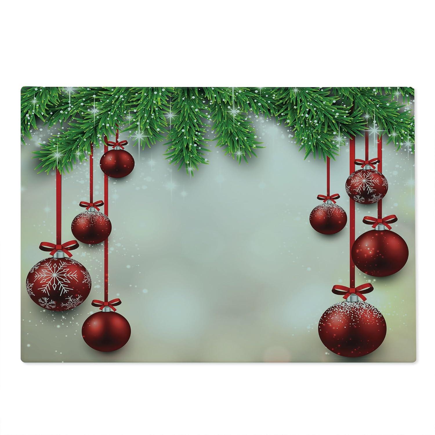 Christmas Cutting Board, Xmas Traditional Winter Season Theme Fir Twigs and Vibrant Balls Graphic Print, Decorative Tempered Glass Cutting and Serving Board, Large Size, Red Green, by Ambesonne
