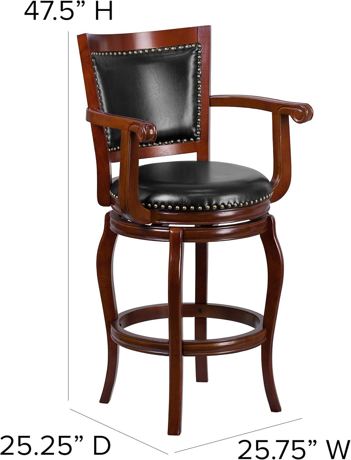 Emma and Oliver 30"H Cherry Wood Panel Back Swivel Barstool with Arms