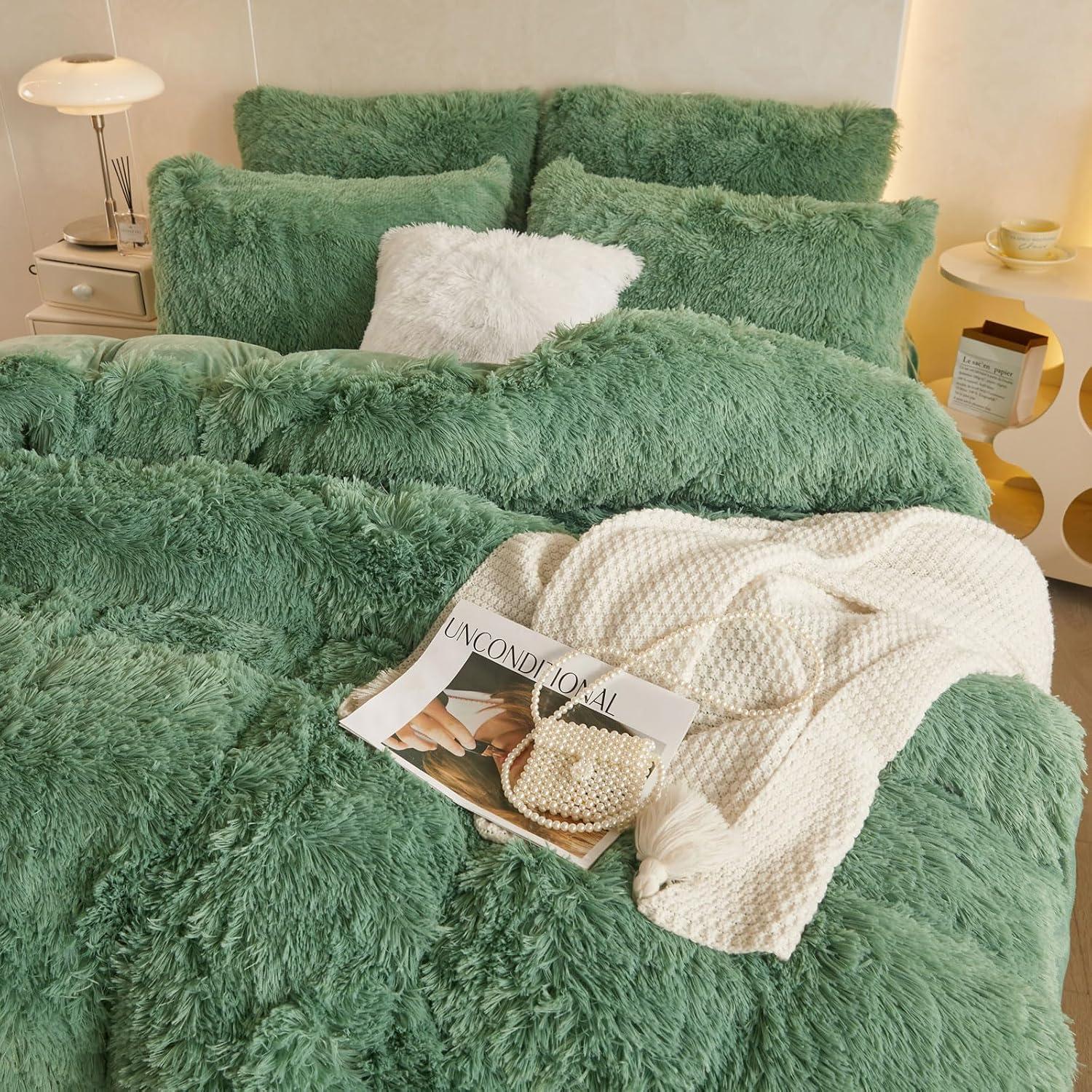 LIFEREVO 3 Pieces Luxury Plush Shaggy Faux Fur Duvet Cover Set(1 Fluffy Fuzzy Comforter Cover + 2 Pompoms Fringe Quilted Pillow Shams) Furry Bed Set, Zipper Closure, Queen Size, Dark Green