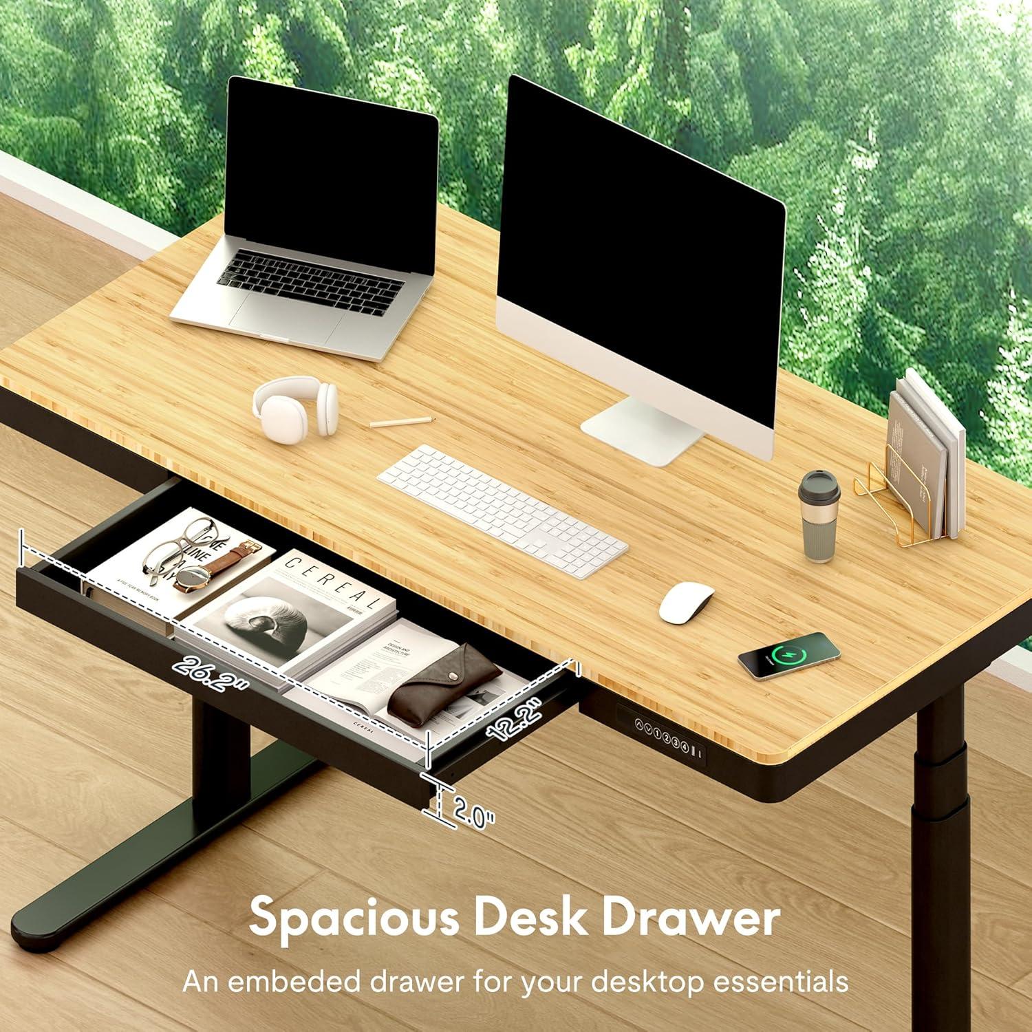 FLEXISPOT Q8 55" Bamboo Standing Desk, Dual Motor 3 Stages Adjustable Height Electric Computer Workstation w/Wireless Charging, Drawer, Quick Install, 220lbs Capacity (Bamboo Tabletop + White Frame)