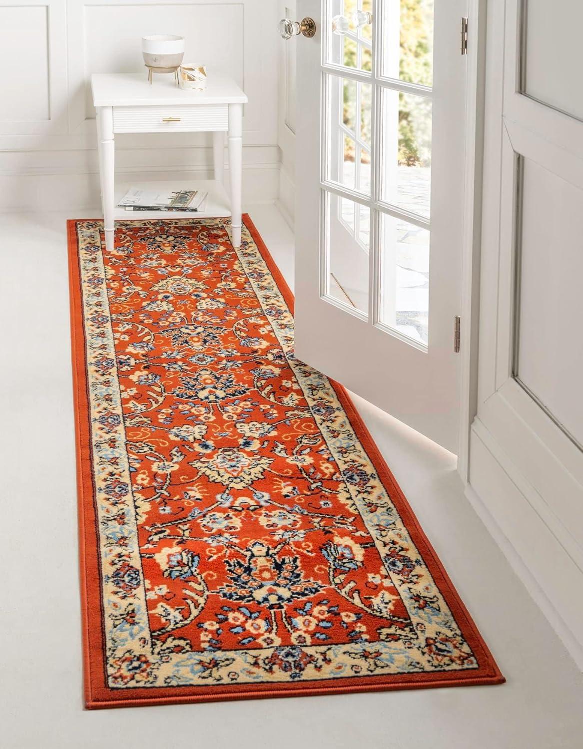 Terracotta and Ivory Synthetic Traditional Runner Rug