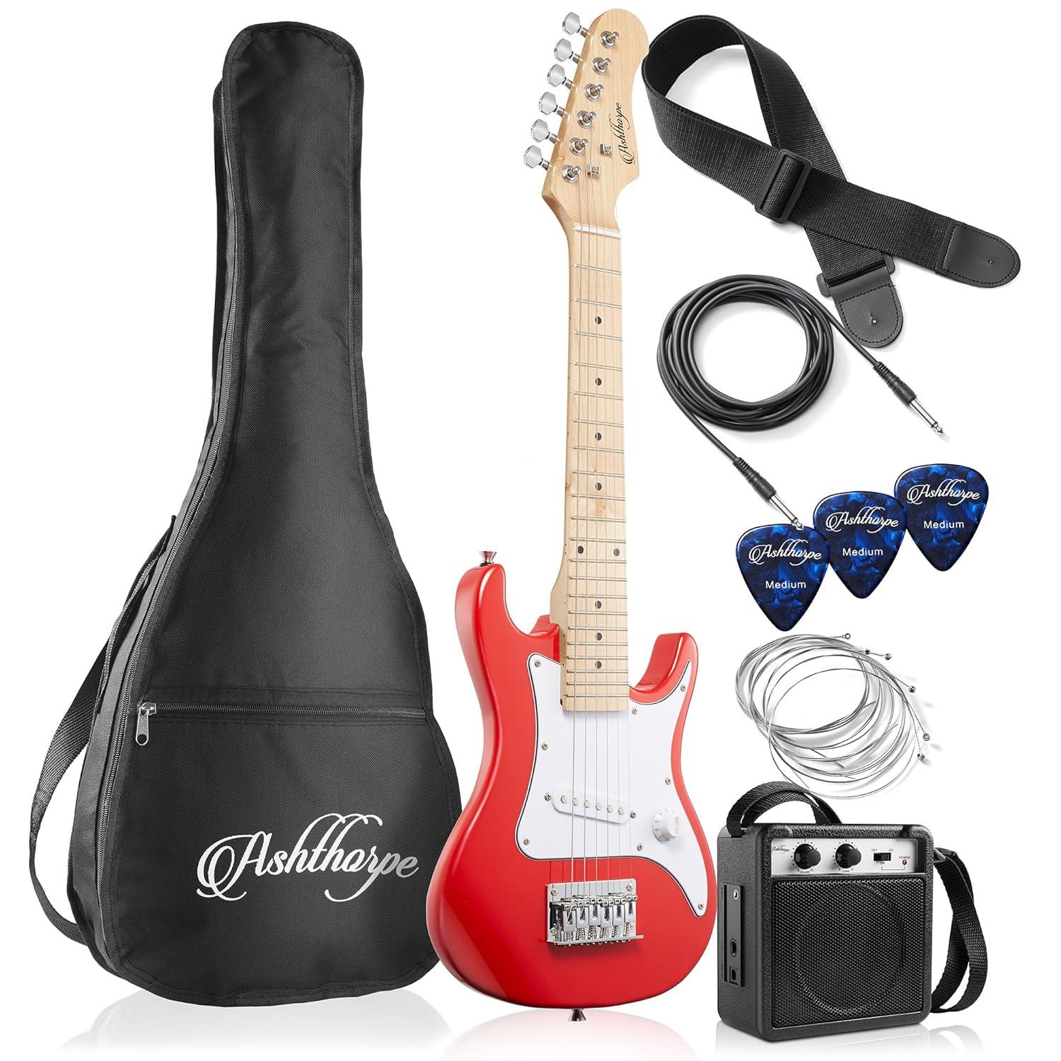 Ashthorpe 30-Inch Beginner Electric Guitar with Amplifier - Red, Kids Basic Starter Kit with Gig Bag and Accessories