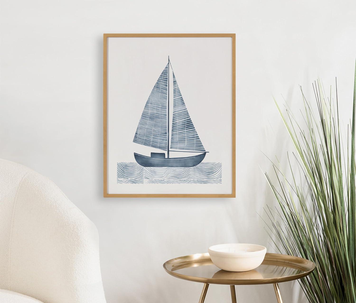 Kate and Laurel  Nautical Blue Sailboat Framed Wall Art by The Creative Bunch Studio, 16x20 Gold, Modern Coastal Boat Art for Wall