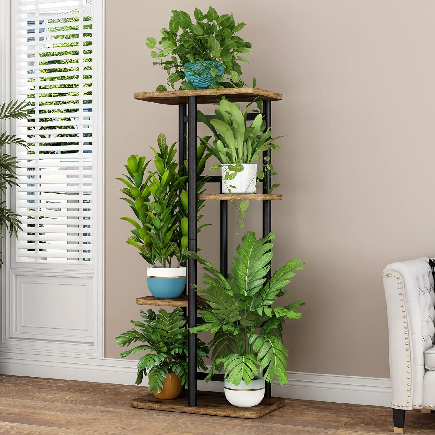 Black and Brown 4-Tier Iron and MDF Plant Stand