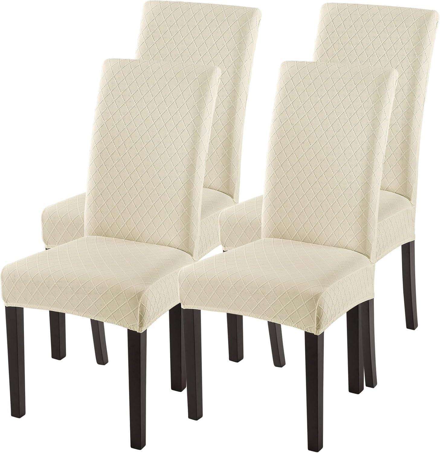 Beige Stretch Jacquard Dining Chair Covers, Set of 4