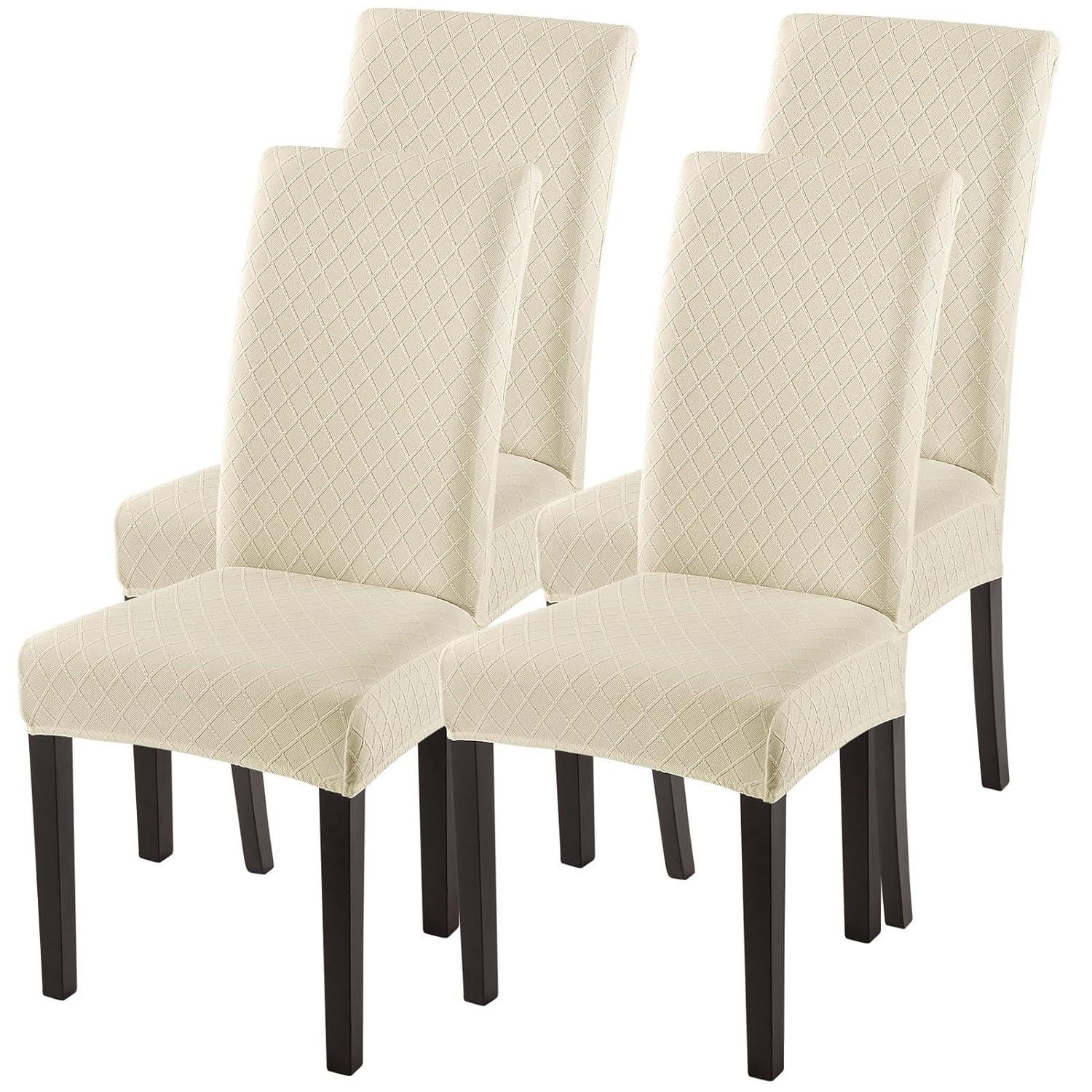 Beige Stretch Jacquard Dining Chair Covers, Set of 4