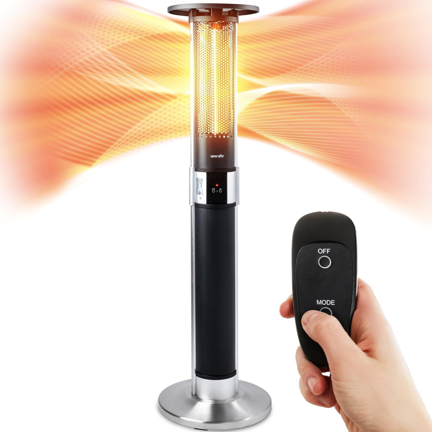 SereneLife 1500W Infrared Patio Heater, Electric, Indoor/Outdoor, Portable Tower, Remote Control, Black (SLOHT44)