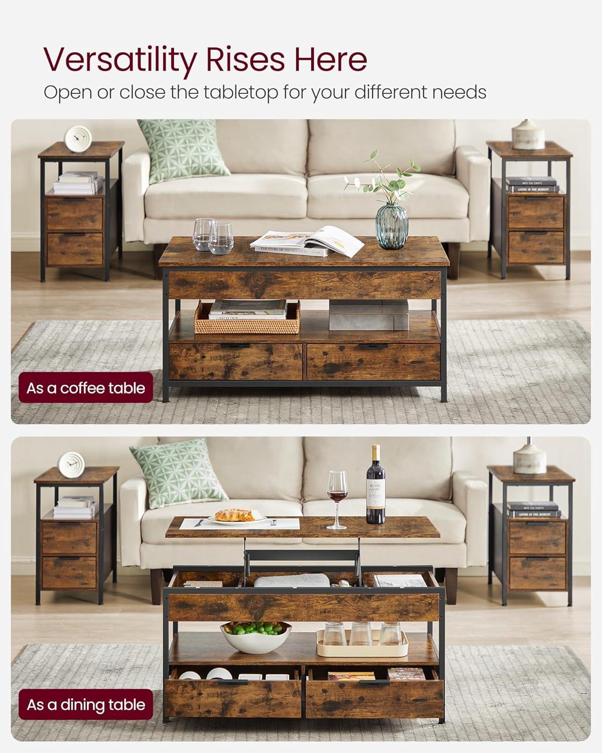 VASAGLE Lift Top Coffee Table with Storage Drawers, Coffee Table for Living Room with Lifting Top, Hidden Compartments and Open Shelf, Rustic Brown and Ink Black ULCT209K01