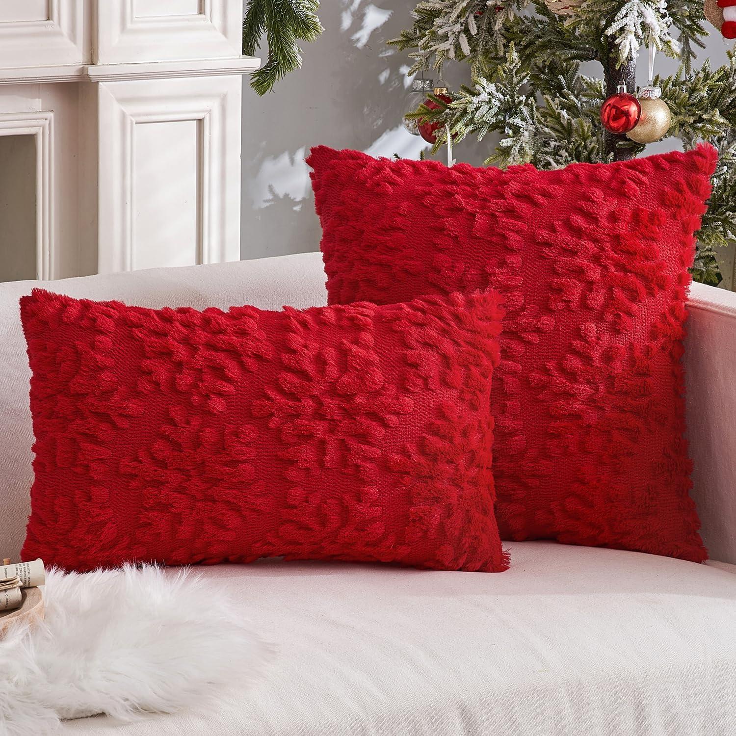 Red Faux Wool Snowflake Decorative Pillow Covers 12x20 Inch Set