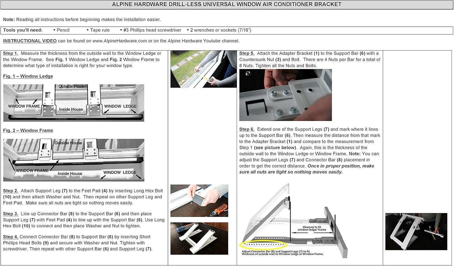 ALPINE HARDWARE Drill-Less Universal Window Air Conditioner Bracket - Window AC Support - Supports Air Conditioners Well Over 200 lbs.