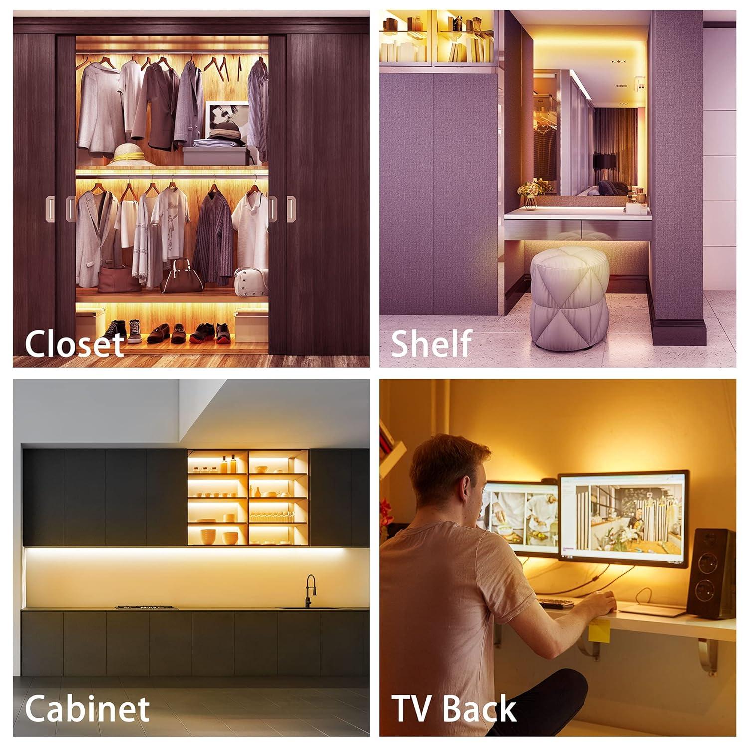Led Under Cabinet Lighting Kit, 8 PCS Warm White Flexible Led Strip Lights with RF Remote and Power Adapter, for Kitchen Cabinet Shelf Desk Counter Corner, 8 Strips with Connecting Wires, 27
