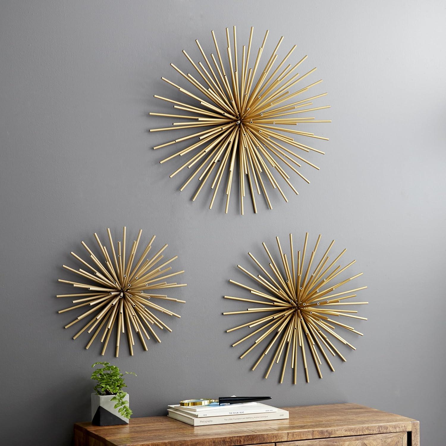 DecMode Contemporary Gold Metal 3D Starburst Wall Décor, Set of 3 16", 20", 24"D