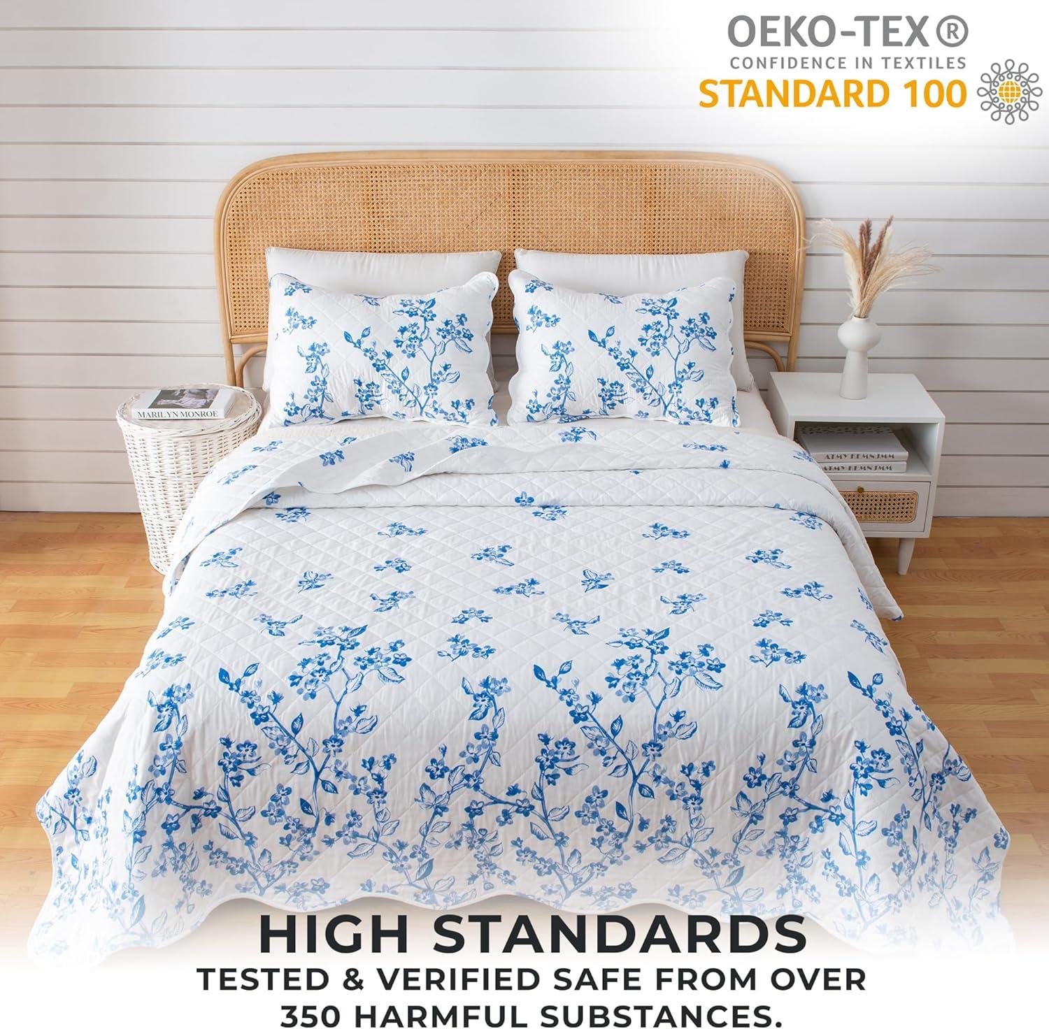 Blue and White Floral Microfiber Full Quilt Set