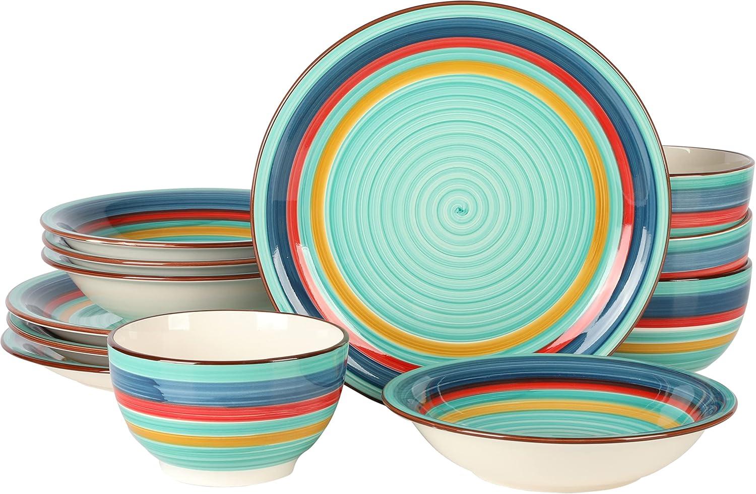 Gibson Home Rainbow 12 Piece Stoneware Dinnerware Set in Green Multi