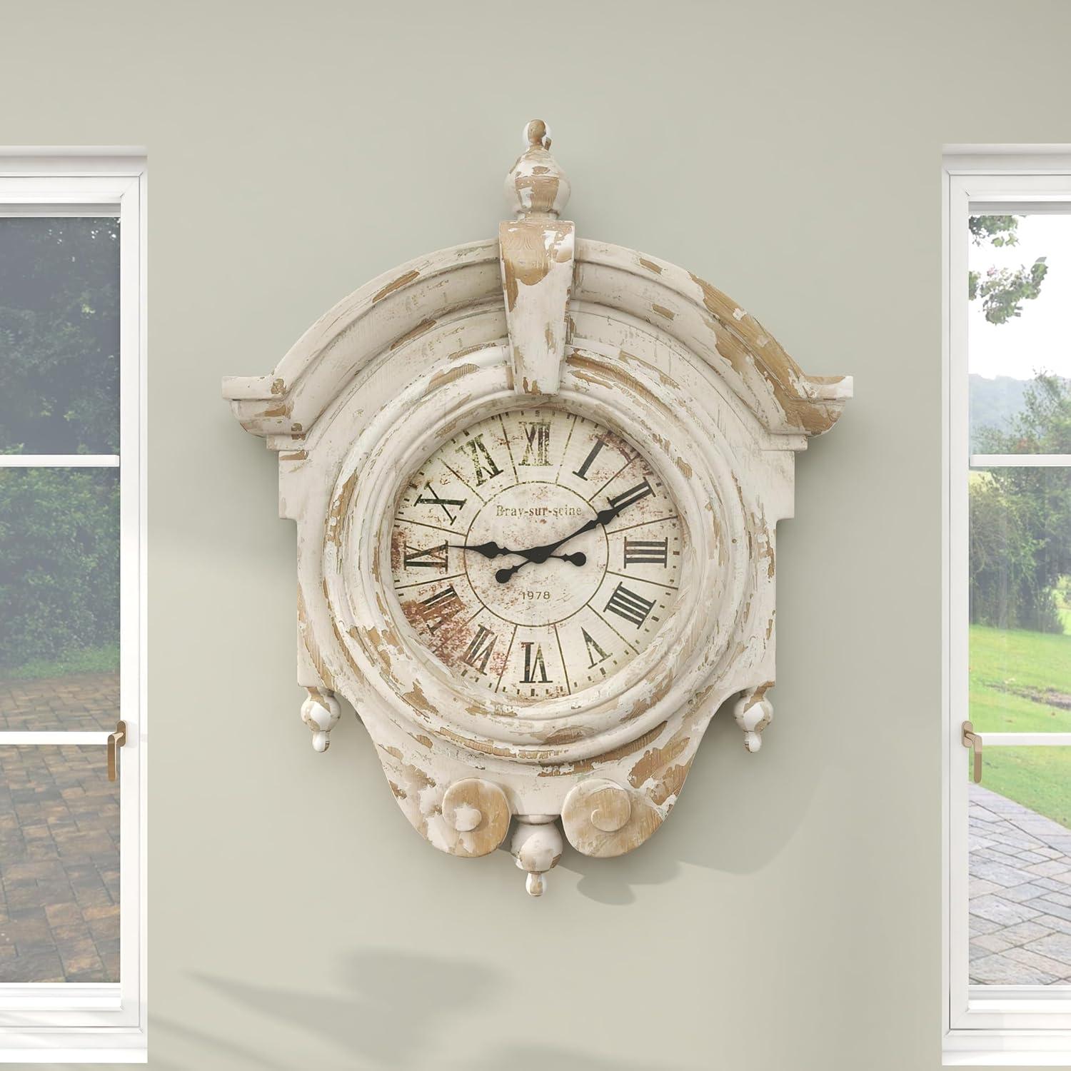 Golub Brown Fiberglass Carved Scroll Wall Clock with Distressing 34" x 6" x 44"