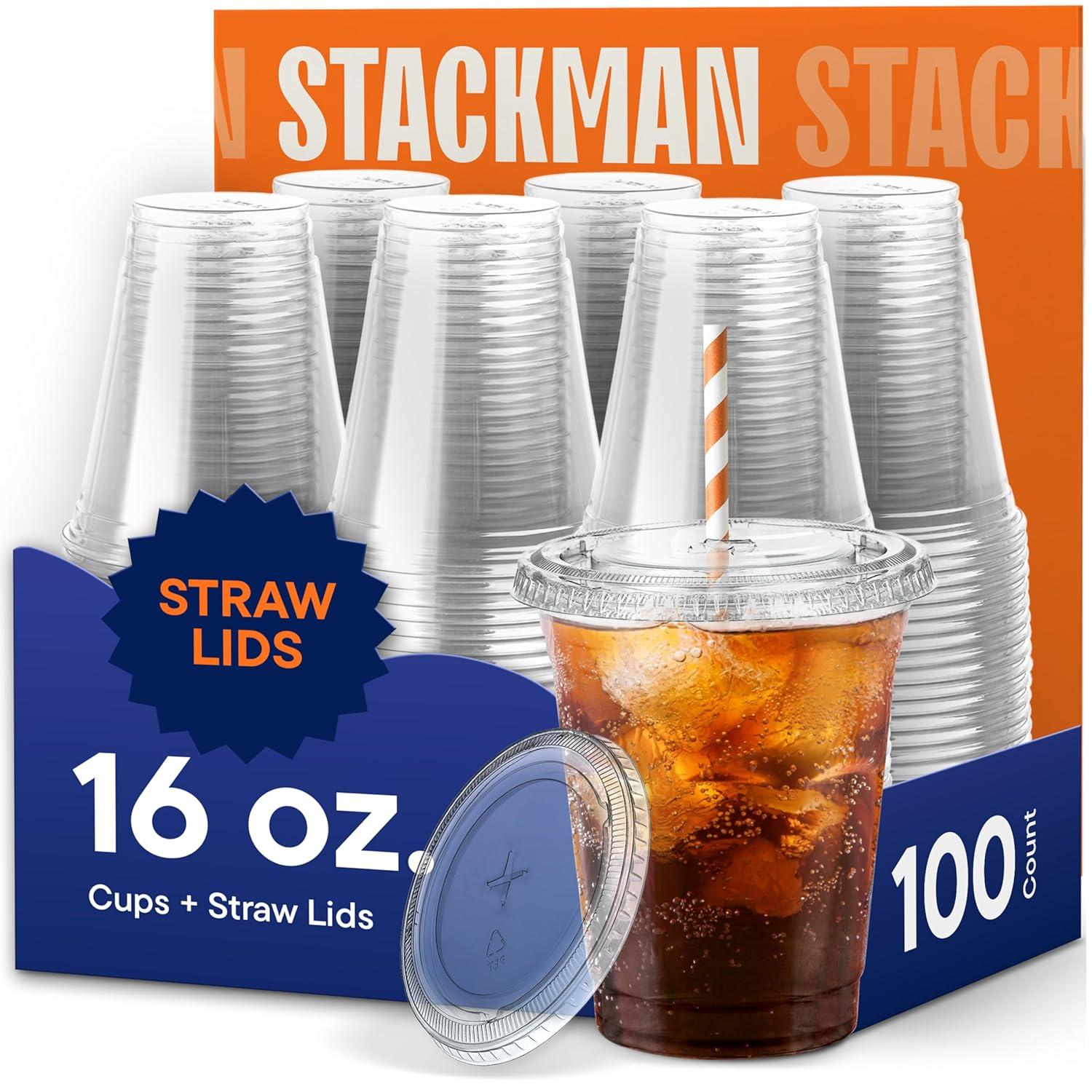 Stack Man Clear Plastic Cups with Lids 12 oz [100 Sets] Disposable Iced Coffee Cups with Straw Lids
