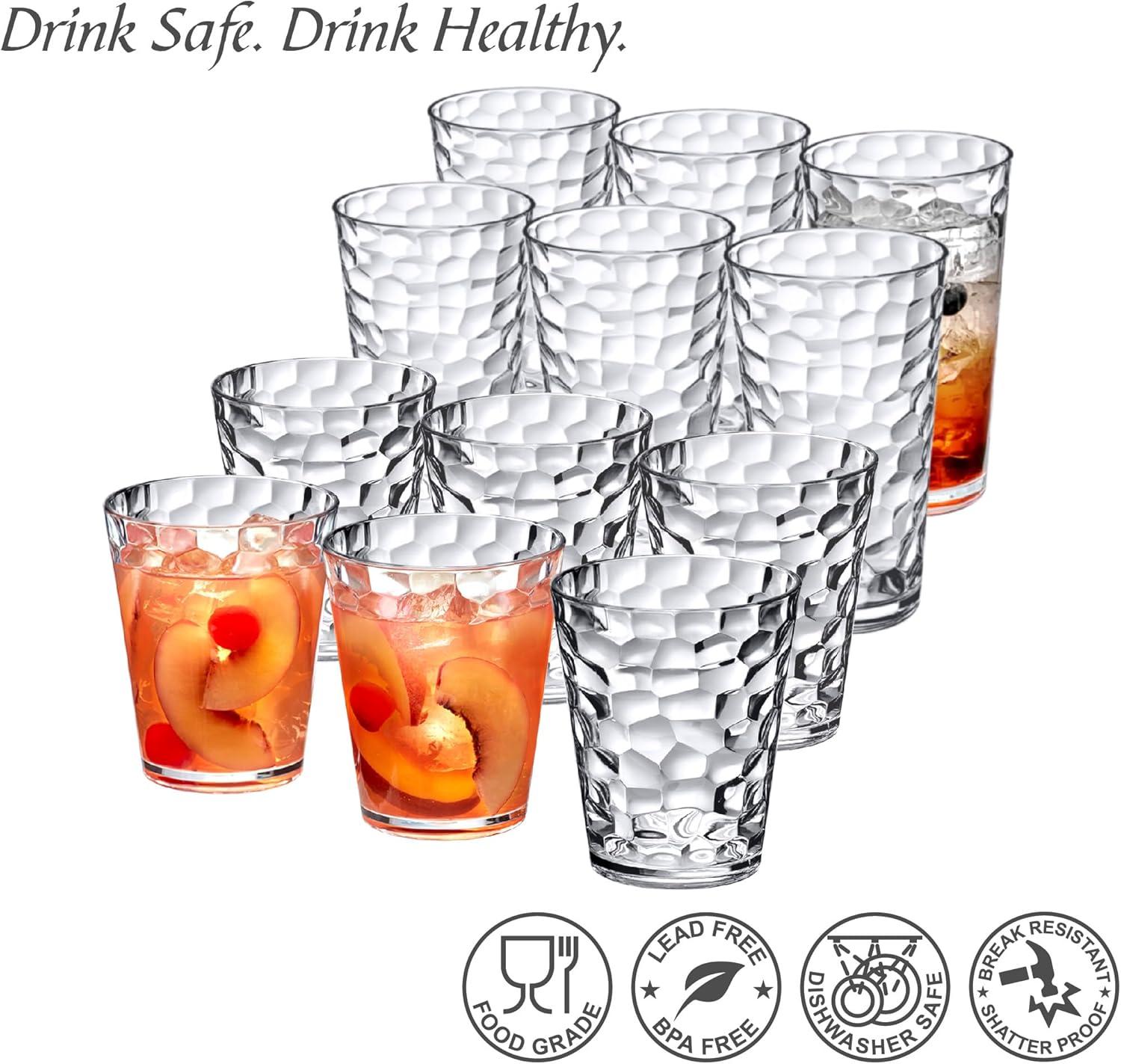 Amazing Abby - Iceberg - 16-Ounce and 24-Ounce Plastic Tumblers (Set of 12), Plastic Drinking Glasses, All-Clear Reusable Plastic Cups, Stackable, BPA-Free, Shatter-Proof, Dishwasher-Safe