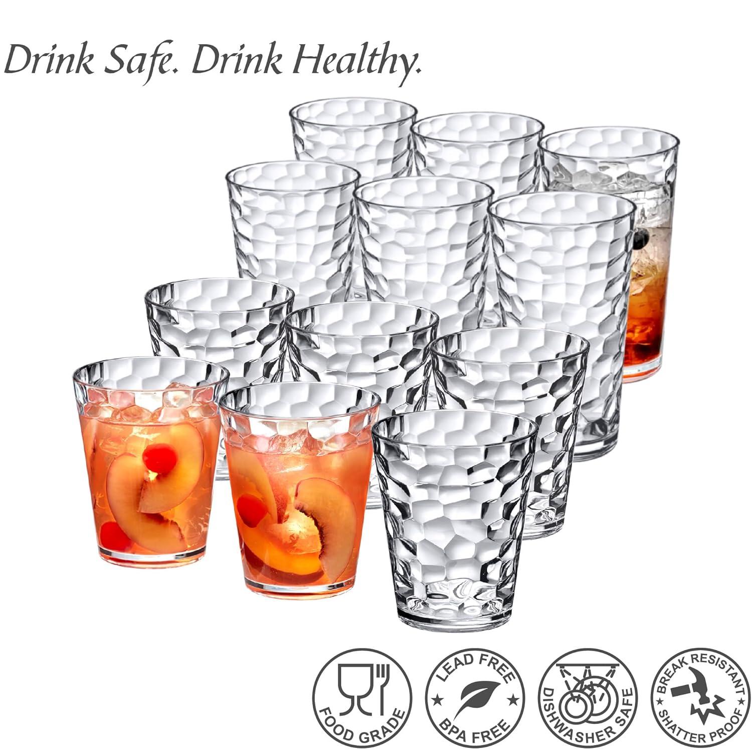 Amazing Abby - Iceberg - 16-Ounce and 24-Ounce Plastic Tumblers (Set of 12), Plastic Drinking Glasses, All-Clear Reusable Plastic Cups, Stackable, BPA-Free, Shatter-Proof, Dishwasher-Safe