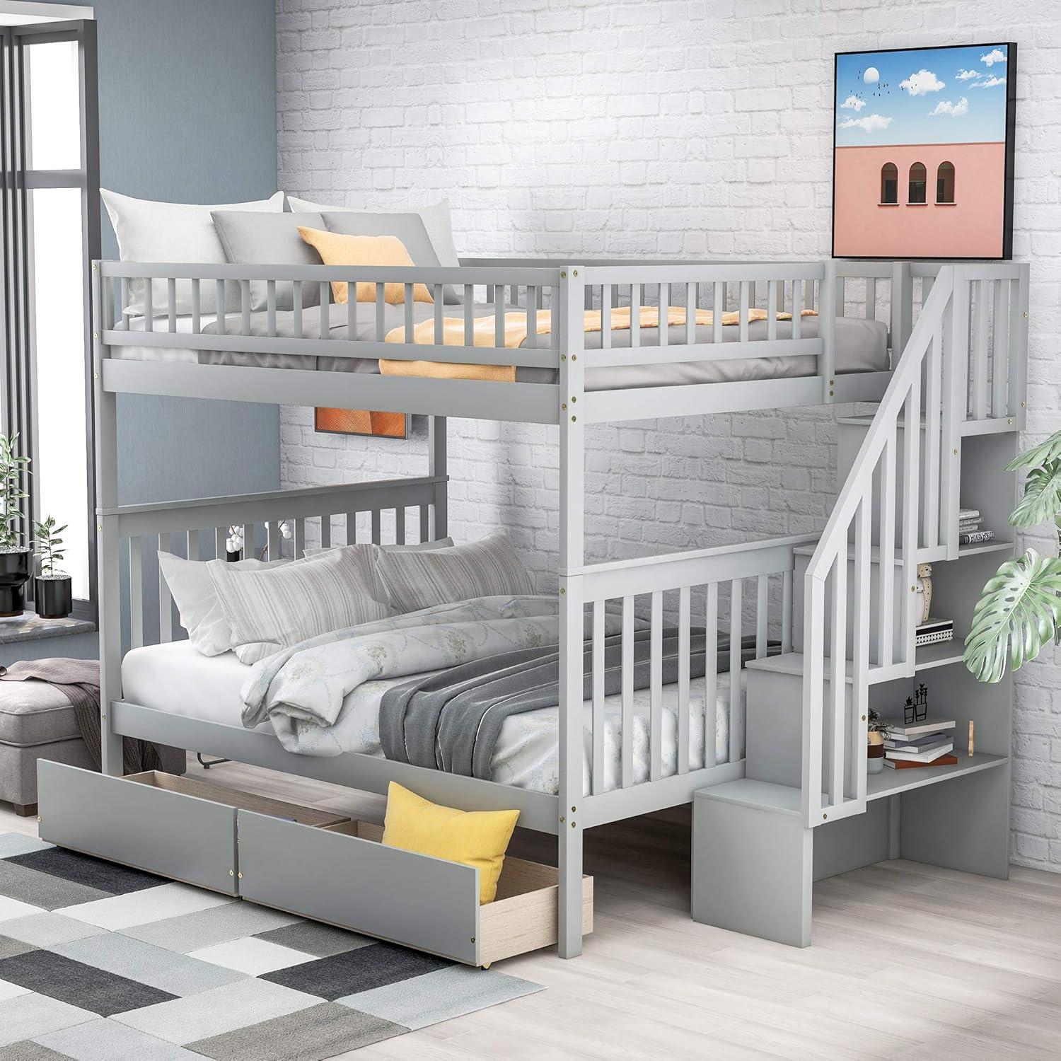 Full Over Full Bunk Beds with Drawers and Stairs Stairway Bunk Bed Frame with Storage Shelves for Kids Teens Adult, Wood Full Bunk Bed for Boys Girls Adults, Gray