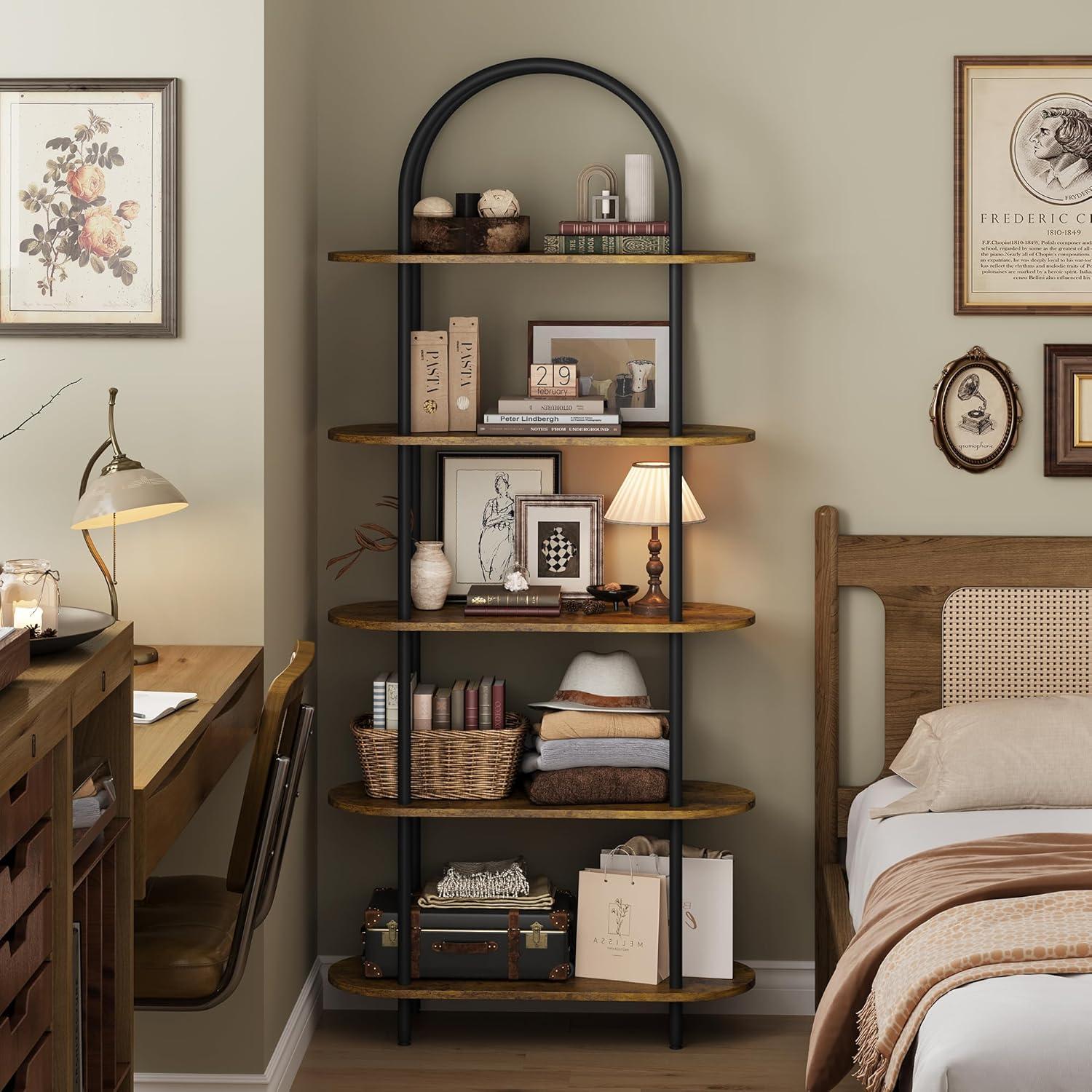 Black and Retro Five-Tier Arched Metal and Wood Bookshelf
