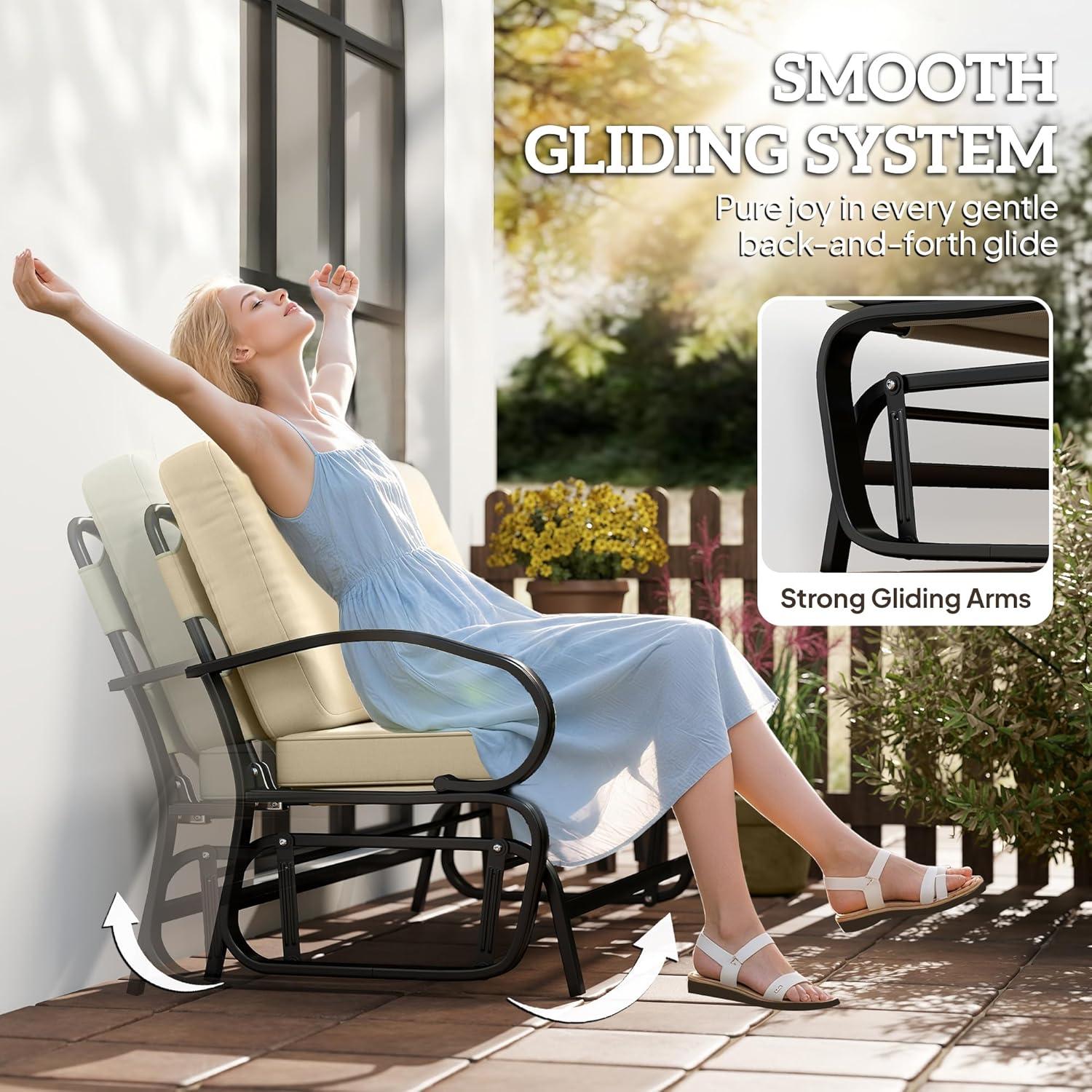 Outsunny Patio Glider Bench with Padded Cushions and Armrests, Outdoor 2-Person Swing Rocking Chair Loveseat with Sturdy Frame, Beige