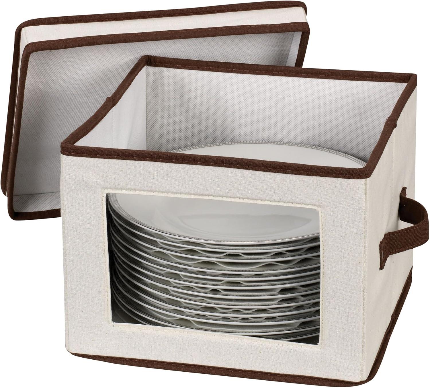 Natural Canvas Dinnerware Storage Box with Brown Trim and Handles