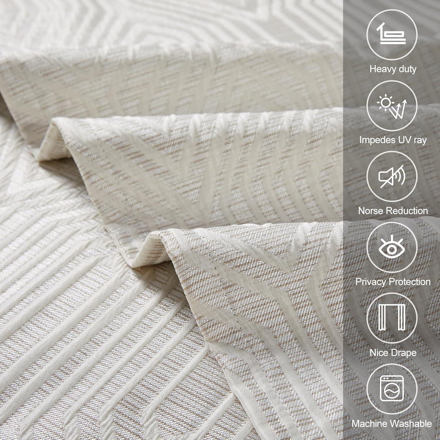 Beige and Silvery 100% Blackout Jacquard Geometric Pattern Curtains,52 Inch Wide 96 Inches Long 2 Panels, Thermal Insulated Noise Reducing Anti-Rust Grommet Drapes for Bedroom Living Room, Cream