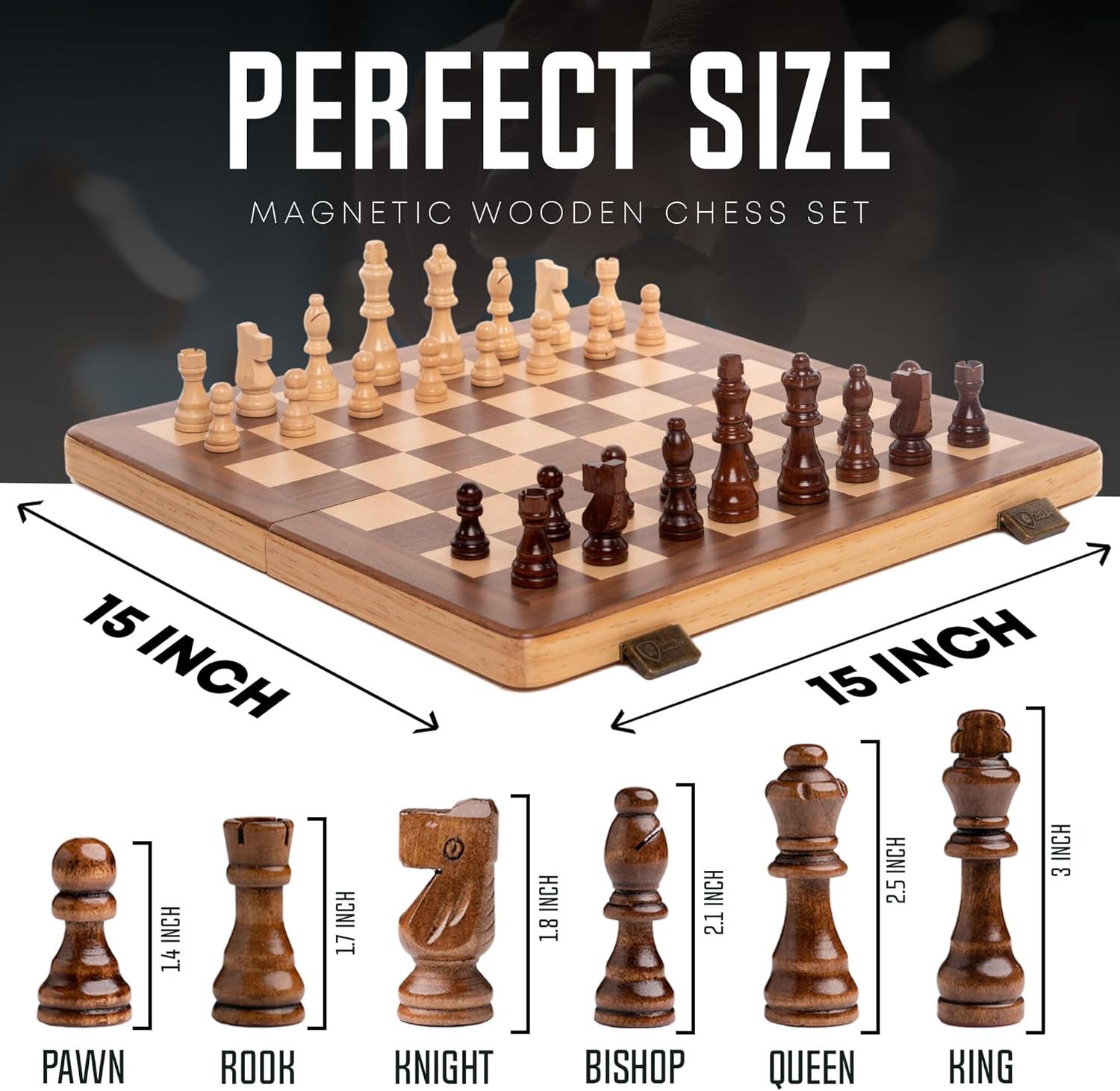 Chess Armory 15" Magnetic Wooden Chess Set with Extra Queens & Storage Box - Perfect for Adults & Kids