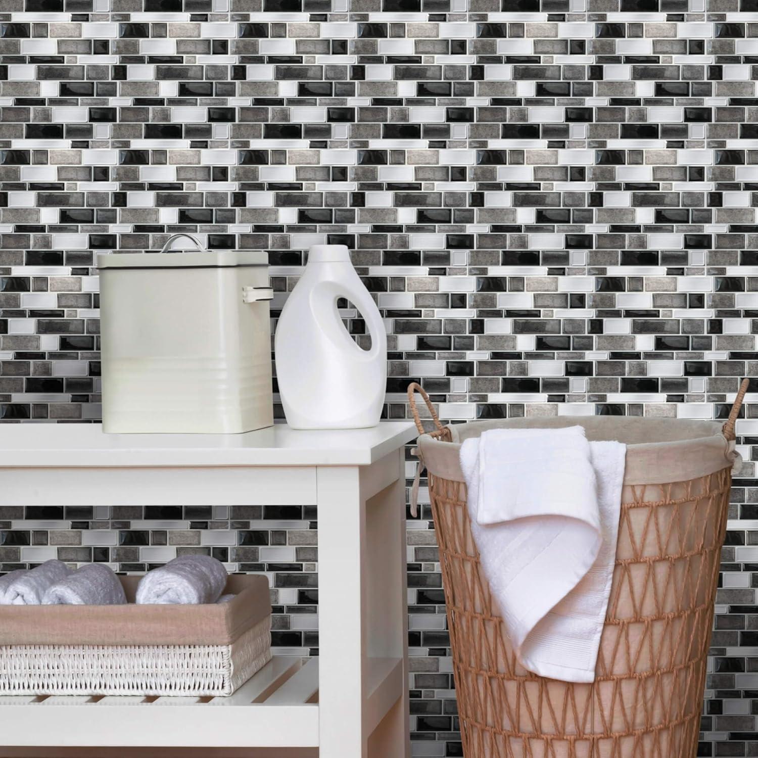 Main Street 10.5" x 10.5" Silver & Black Mosaic Vinyl Peel and Stick Tiles (4-Pack). Removable Tiles for Walls or Backsplash