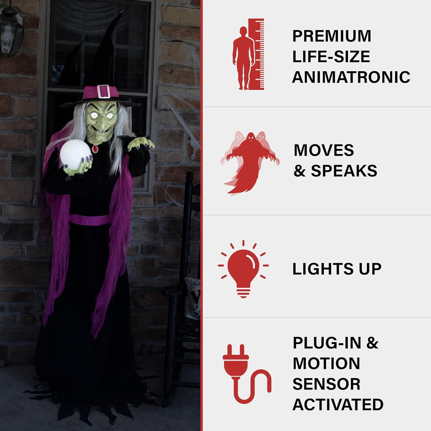 Haunted Hill Farm Haunted Hill Farm 6-Ft. Tall Fortune Teller Witch, Plug-In Motion-Activated Talking Halloween Prop