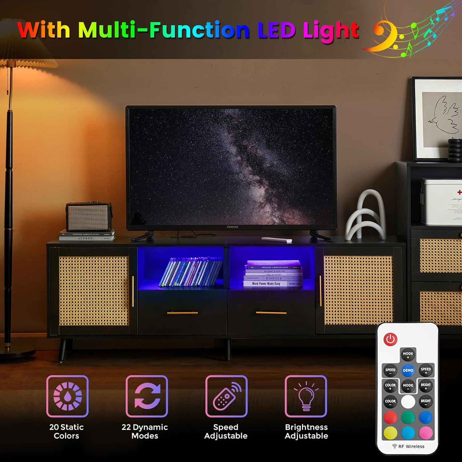 Bay Isle Home™ Heyer Large Wood Rattan TV Stand for TVs up to 75" with LED Light and Charging Station, Coastal Media Console Table, Multimedia Storage Furniture with 2 Drawers, Lighting TV Cabinet
