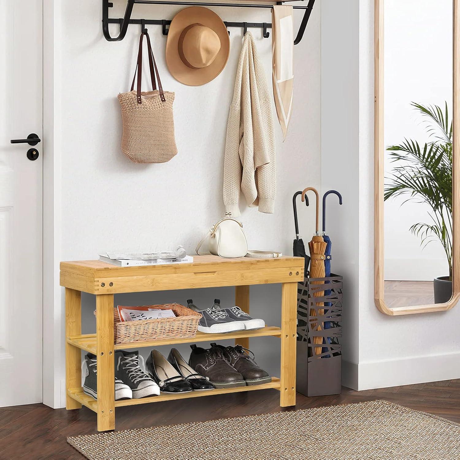 Natural Bamboo Shoe Rack Storage Bench with Drawer