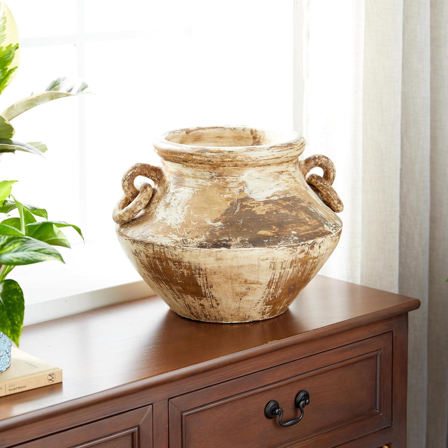 DecMode 10" Distressed Beige Ceramic Vase