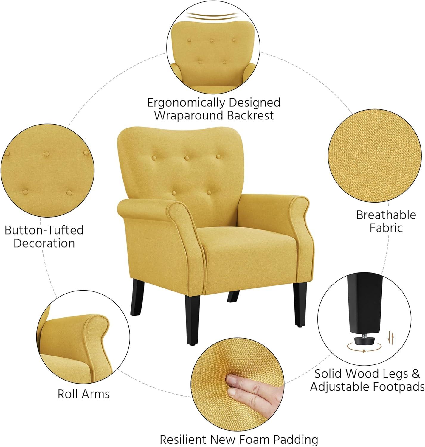 Yaheetech Modern Upholstered Accent Chair with Wooden Leg for Living Room, Yellow